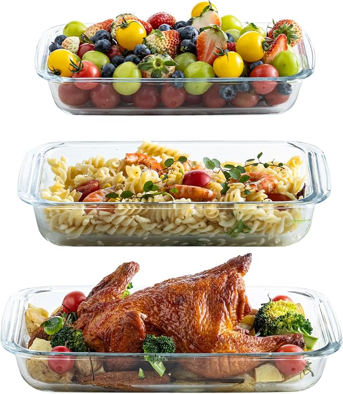 Glass Baking Dish, Glass Baking Dishes for oven,Food Container 3-Piece Set for Cooking Lasagna Kitchen Baking Bakeware Set Oven Microwave Refrigerator Dishwasher Safe (3)