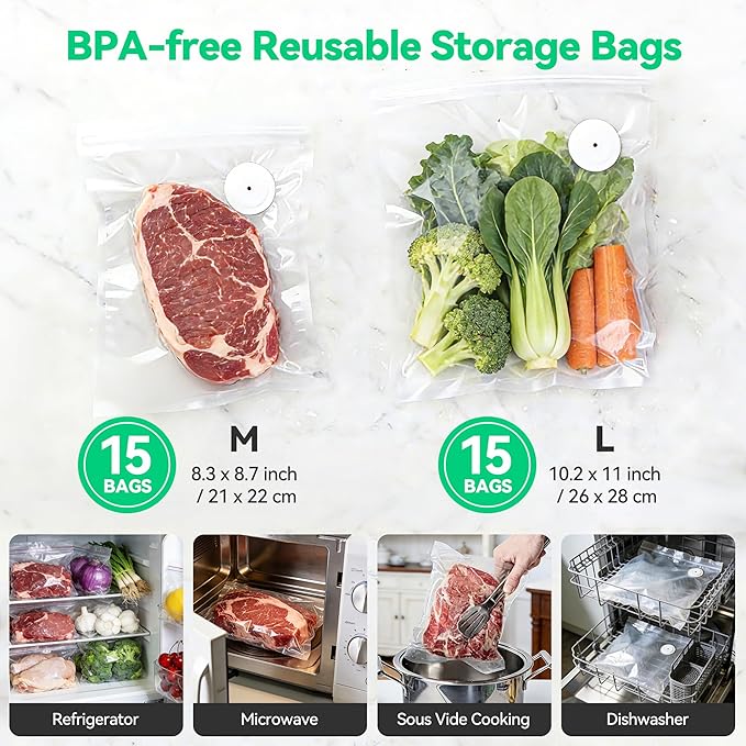 Vacuum Sealer Bags 30PCS Reusable Sealing Zipper Bags BPA-Free 2 Size (8.3 x 8.7 inch, 10.2 x 11 inch) for Food Storage Freezer & Sous Vide, Compatible with ORMEO HOME Sealer Machine