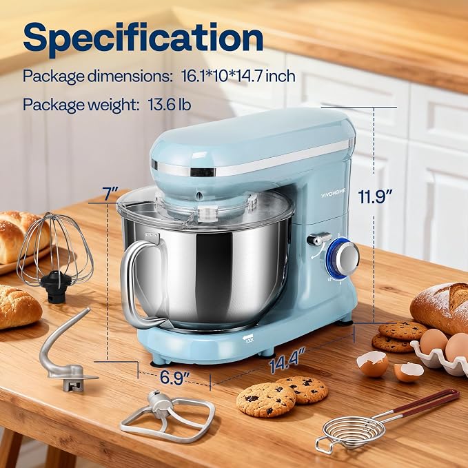 VIVOHOME Stand Mixer, 660W 10 Speed 6 Quart Tilt-Head Kitchen Electric Food Mixer with Beater, Dough Hook, Wire Whip and Egg Separator, Blue