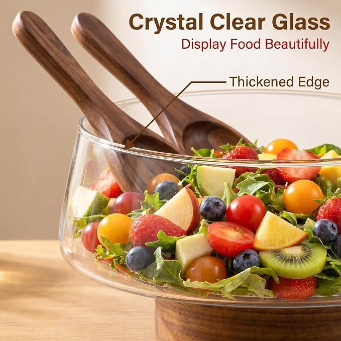 Buybai Extra Large Glass Salad Bowl Set - Party Salad Bowls with Acacia Wood Base and Serving Utensils - Kitchen Must-Have For Fruits Salad Dessert Bread Afternoon Tea Camping (Extra Large)