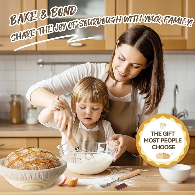 Kikcoin 8" & 9" & 10" Banneton Bread Proofing Basket Set, Round Banneton Basket for Sourdough Baking, Baking Supplies with Linen Liner, Bread Lame & Dough Scraper, Sourdough Proofing Tools