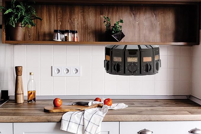 Kitchen Art Spice Rack Select-A-Spice Auto-Measure Carousel 12 Compartments Black 8.75 x 8.75 x 6 inches