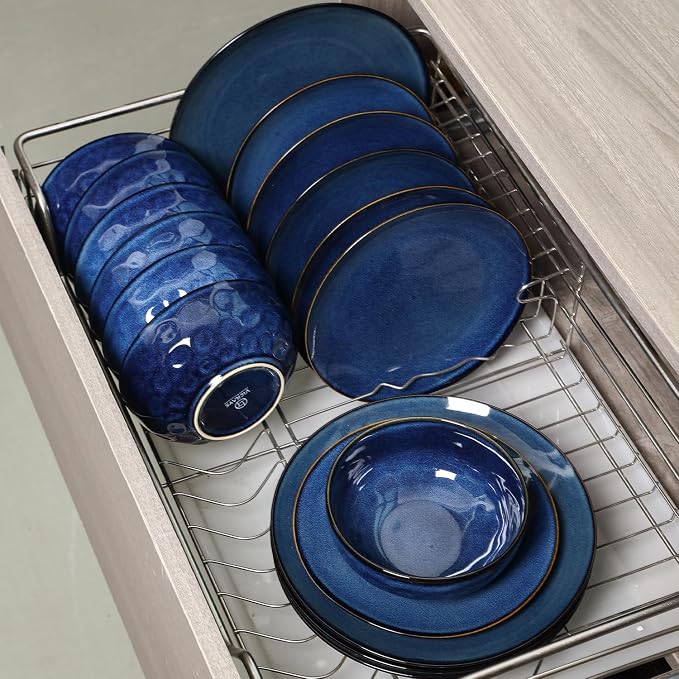 Vicrays Ceramic 24 Pieces Dinnerware Set - Dinner Plates Salad Plates Cereal Bowls Set Service for 8 - Scratch Resistant Microwave Oven Dishwasher Safe - Starry Blue