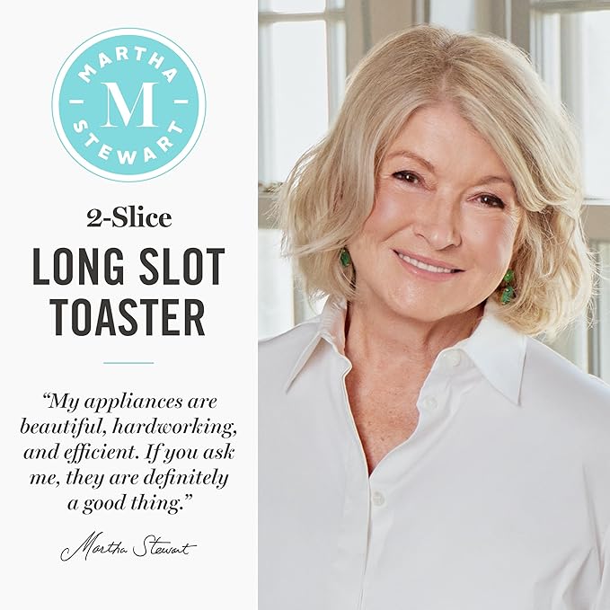 Martha Stewart 2 Slice Long Slot Toaster, Extra Wide for Sourdough & Bagels, 10 Setting Shade Control, Removable Crumb Tray, Self-Centering Design, Defrost/Reheat, Cancel, Slim Space-Saving, Linen