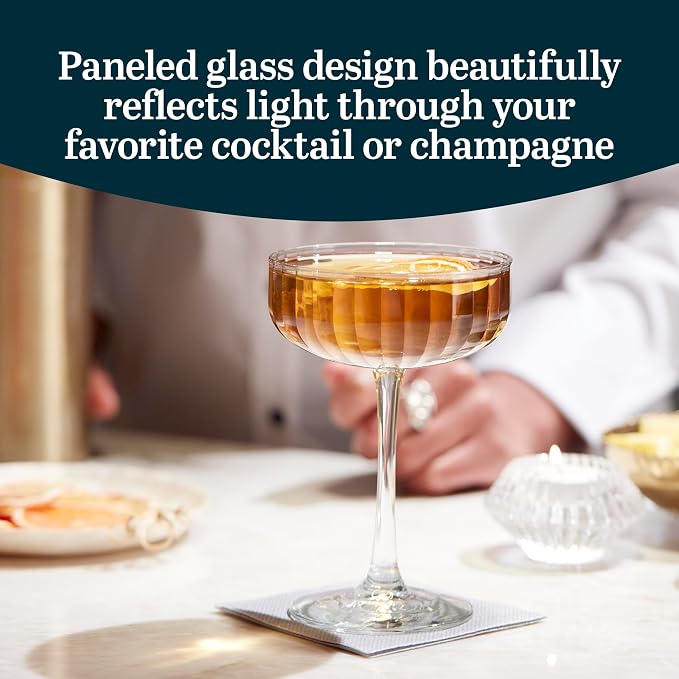 Libbey Paneled Cocktail Coupe Glasses, 8.5 Oz Stemmed, Fine Ribbed Line Coupe Glass Set of 4, Dishwasher Safe Cocktail Martini Glasses