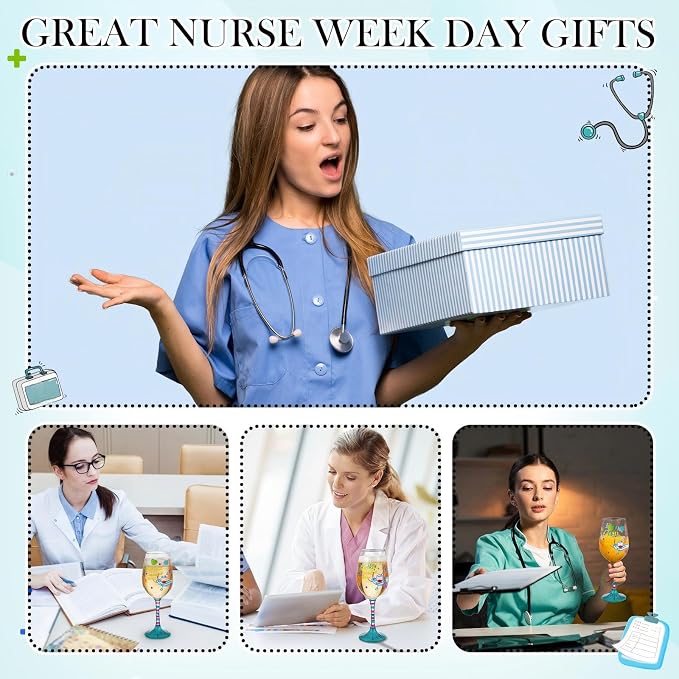 SiliFine 4 Pcs Nurse Stemmed Wine Glasses Hand Painted Drinking Cup Wine Glasses Gifts for Certified Nursing Assistants CNA Week Appreciation Nurses' Day Holiday Party Supplies