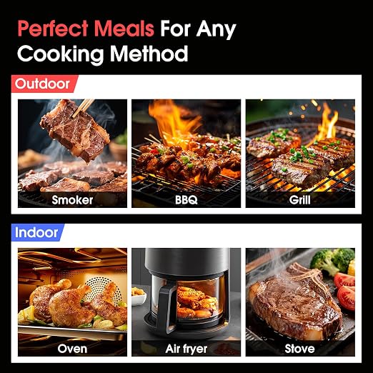 BBQOVN Smart WiFi Wireless Meat Thermometer, Sub-1G 656FT Range, 7-Sensor Probe, Standalone LED Base, IP68 Waterproof, APP Remote for BBQ Grill Smoker Oven