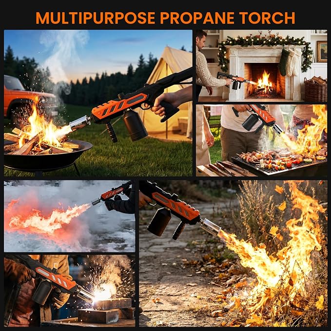Powerful Propane Torch Gun, Adjustable Flame Thrower Gun, Kitchen Torch with Detachable Design, Flamethrower Blow Torch for BBQ, Searing Steak, Welding, Camping Charcoal Lighter(Tank Not Included)