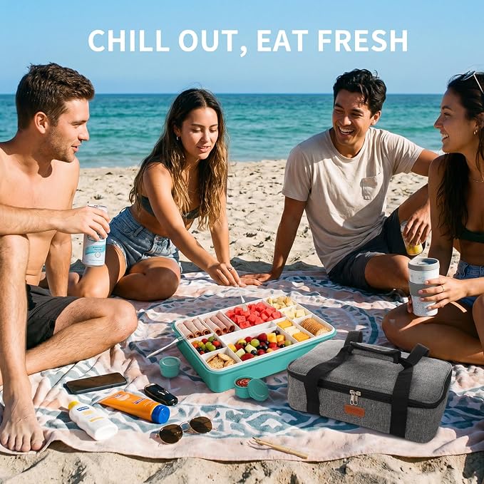 Snackle Box Container with Ice Pack, Reinforced Latches & Large Capacity, Travel Snack Box, Charcuterie Board with Lid, Divided Veggie Tray for Road Trips Picnic Boat Beach Blue