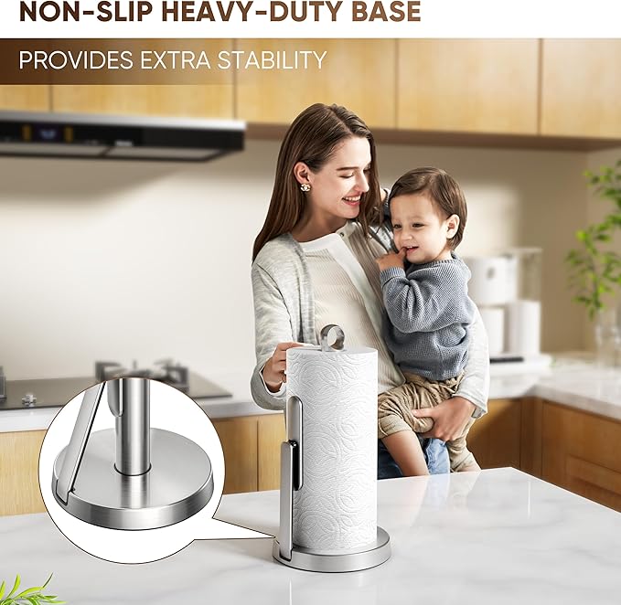 theaoo Heavy-Duty Stainless Steel Paper Towel Holder with Tension Arm – Easy One-Handed Tear, Modern Standing Countertop Dispenser for Kitchen, Holds All Paper Towel Rolls (1, Silver)