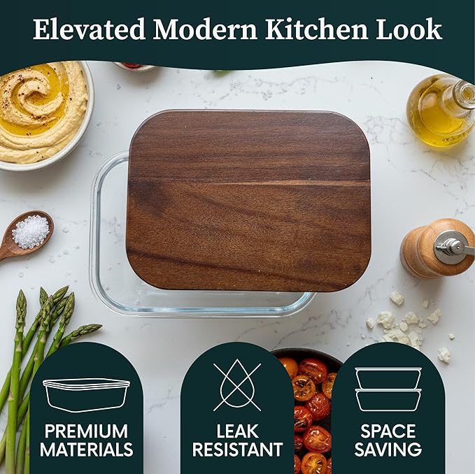 5-Piece Borosilicate Glass Food Storage Containers with Acacia Wood Lids — 35 oz Rectangular Meal Prep & Leftovers Set, Oven, Freezer & Microwave Safe, Plastic-Free