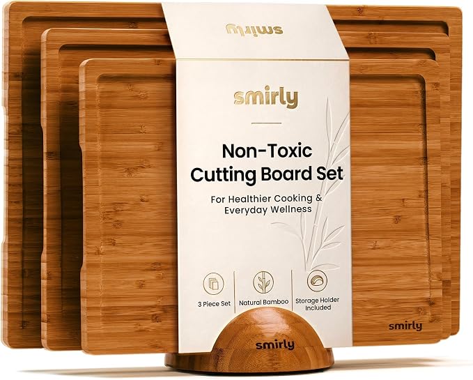 SMIRLY Bamboo Cutting board for Kitchen - Wood Cutting Boards for Meal Prep, Serving, Charcuterie - Kitchen Gadgets, House Warming Gifts - Wooden Chopping Board Set of 3 with Holder - Brown Bamboo