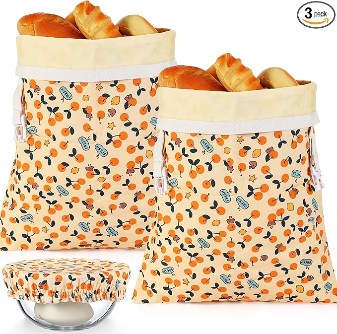Reusable Beeswax Bread Bags for Homemade Bread Sourdough (2 Pcs 13x17in Bags + 10in Bowl Cover) Floral Cotton 100% Natural Beeswax Coating, Plastic-free Food Storage Wrap(Yellow Cherry)