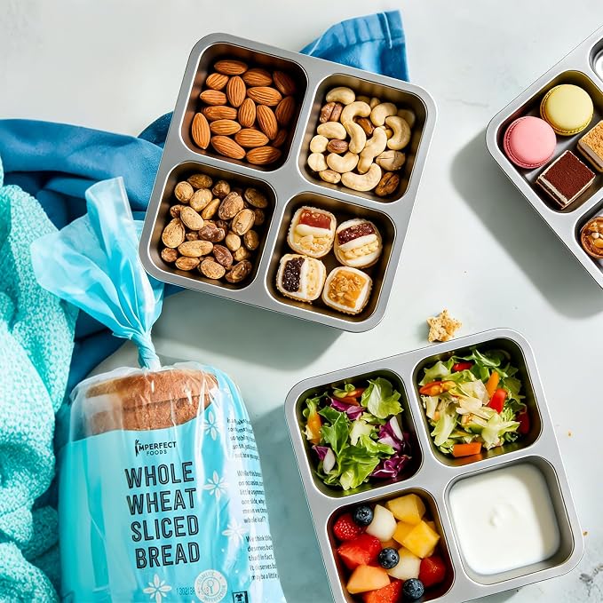 4 Pack Stainless Steel 4 Compartment Snack Containers with Lids, Reusable Divided Lunch & Food Storage Containers for Work, Travel(2 Pink, 2 Blue)