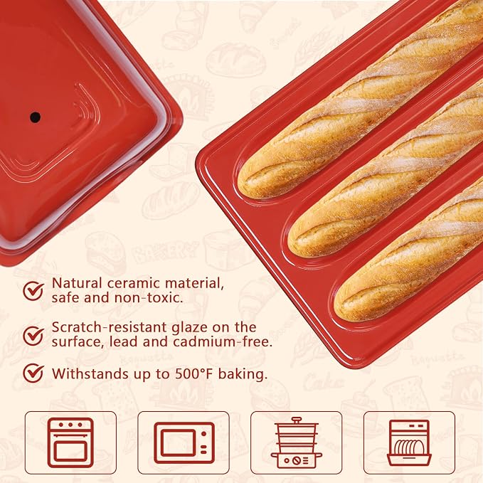 Techni Edge French Bread Baking Pan, Nonstick Baguette Bread Pan with Lid, 3 Slot Ceramic Baguette Mold, Heating Evenly, Crispy Crusts, Easy To Release for Sourdough Italian Loaf
