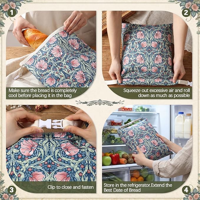 Reusable Beeswax Bread Bags for Homemade Bread Sourdough (2 Pcs 13x17in Bags + 10in Bowl Cover) Floral Cotton 100% Natural Beeswax Coating, Plastic-free Food Storage Wrap(Blue Flower)
