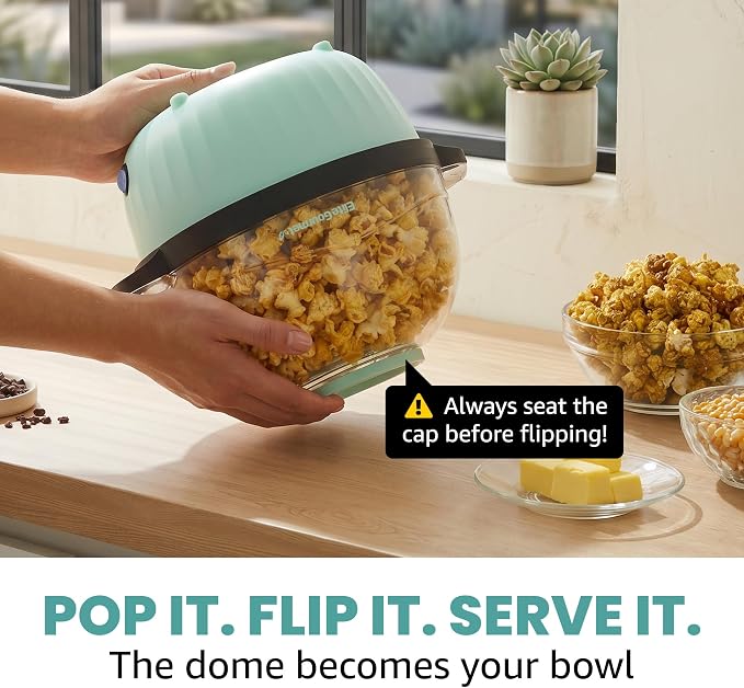 Elite Gourmet 4.5Qt. Stirring Popcorn Maker with Ceramic Coated Plate, Stirring Rod, Clear Cover Doubles as Serving Bowl, Butter Melting Tray, Up to 18 Cups, Makes Fresh Buttery Popcorn, Mint