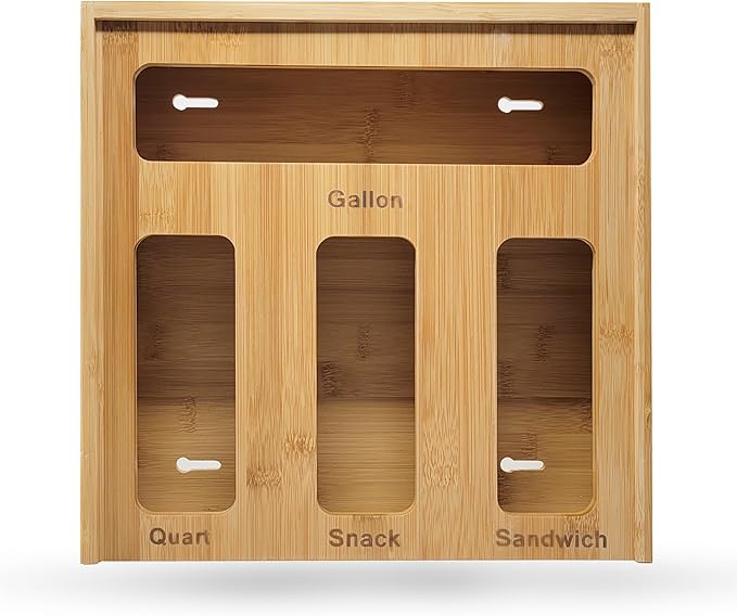 Bamboo Ziplock Storage Organizer for Kitchen Drawer with Sliding Lid – 4 Slot Holder for Gallon, Quart, Snack & Sandwich Bags