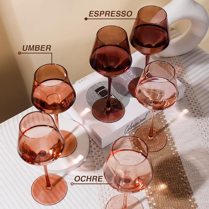 Venus Stemless Wine Glasses Set 6-14oz Melanin Colored Wine Glasses Stemless【HandBlown】 Brown Wine Glasses Set,Unique Brown Wine Glasses for Home Party Decro