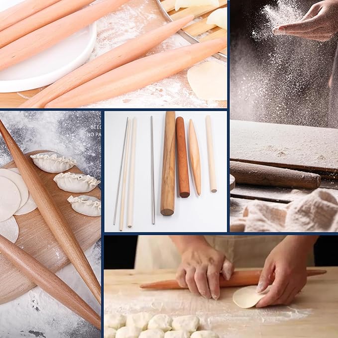 8 PCS Pasta Rolling Pins Set, Multiple Sizes Wood and Stainless Steel Non-Stick Pizza Roller Professional Baking Dough Roller for Pastas, Ramen, Tortilla, Bread, Noodles