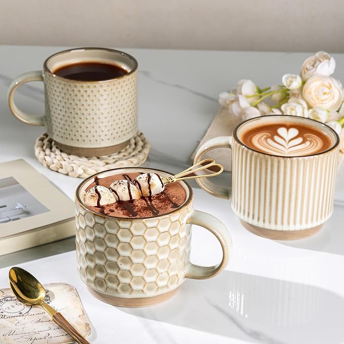 GBhome 12OZ Stackable Coffee Mugs Set of 6, Ceramic Coffee Mugs with Texture Patterns for Man,Woman,Dad,Mom, Modern Coffee Mugs Cups for Latte/Cappuccino/Cocoa. Dishwasher&Microwave Safe, Pale Khaki