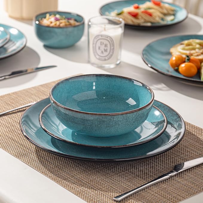 16 Piece Dinnerware Sets for 4， Scratch Resistant,microwave oven and Dishwasher Safe Plates and Bowls Sets Ceramic, Dish Set, Bowl and Plate Set -Kiln turned sea blue