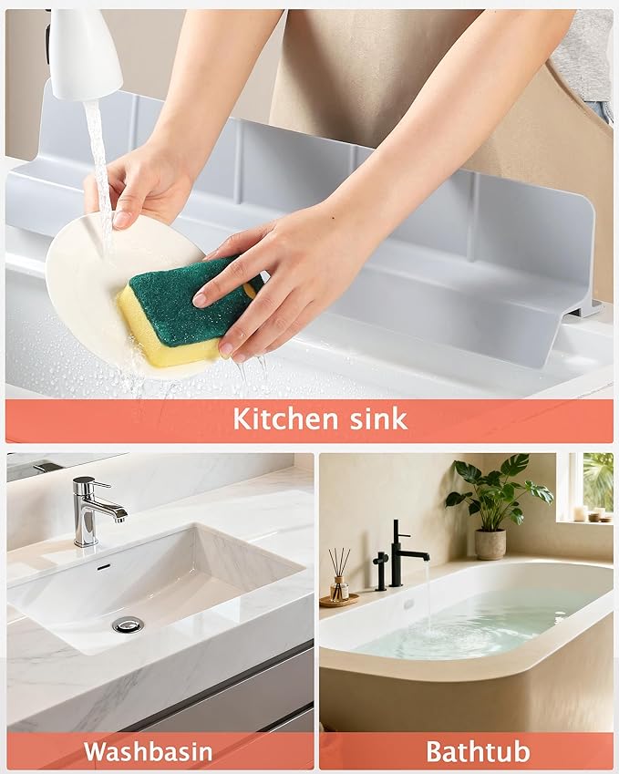 Kitchen Sink Splash Guard 30" 23" 18" Self-Draining Silicone Water Guard with High Splash Wall & Strong Suction Cups for Faucet, Countertop & Sink Edge, Keeps Sinks Dry, Dishwasher Safe, Grey