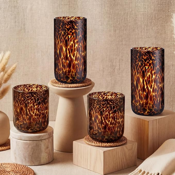 Honeydak Set of 4 Set of 4 Tortoise Leopard Print Brown Rocks Glasses Stylish Stemless Cocktail Cups Glass Glassware Tumbler Ideal for Gin, Tequila, Vodka, Soft Drinks (Whiskey Cup,10oz,16oz)