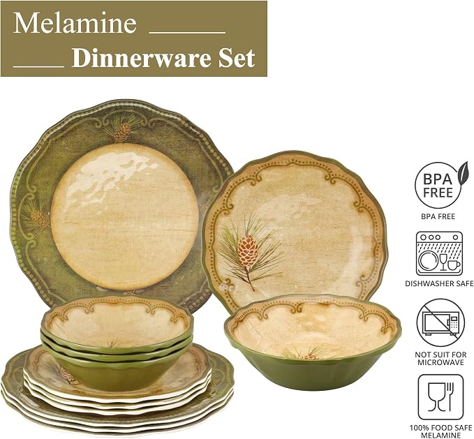 UPware 12 Piece Woodland Pinecone Melamine Dinnerware Sets, Outdoor Dishes Set, Plates and Bowls Sets, Service for 4, Dark Green