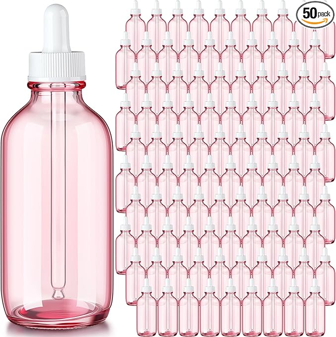 Epakh 50 Pack 4oz Glass Dropper Bottles, Refillable Glass Eye Dropper Bottles with Pipette for Essential Oils, Perfumes, Lab Use, Cuticle Oils, Tinctures, Travel, Home (Pink)