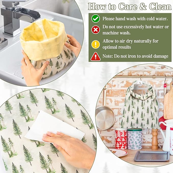 Reusable Beeswax Bread Bags - 2 Pack Christmas Tree Checkered Bees Wax Homemade Sourdough Bread Storage Bags, Xmas Linen Cotton Large Beeswax Freezer for Home Kitchen Baking