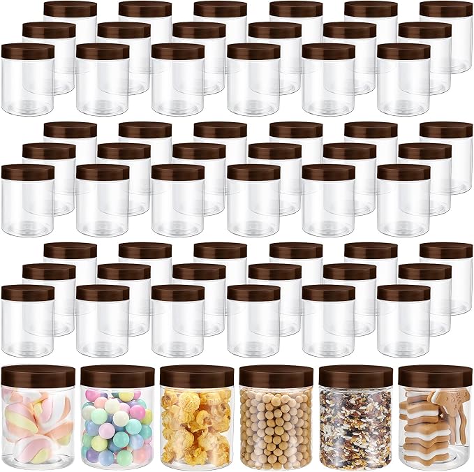 Sliner 60 Pcs 8 oz Plastic Jars with Lids Clear Round Leakproof Storage Containers Empty Refillable Plastic Mason Jars for Travel Storage Face Creams Kitchen Household Food Spice (Brown)