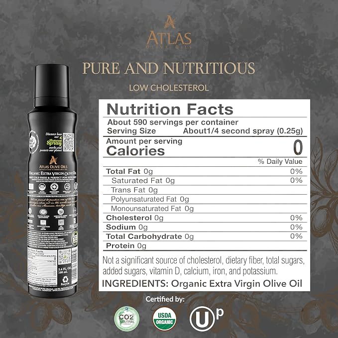 Olive Oil Spray by Atlas, Dual Function Olive Oil Cooking Spray and Stream, 5.4 fl oz, 6 Pack, Extra Virgin, Non Stick, Cold Pressed, Polyphenol Rich, Organic Moroccan EVOO, Hydroxytyrosol, Keto
