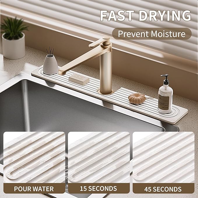 Faucet Mat for Kitchen Sink, Diatomite Stone Drying Sink Protectors, Bathroom Faucet Splash Guard, Quick Dry Water Absorbing, Non-Slip Stone Tray for Kitchen Counter, White, 23.6" x 3.9"