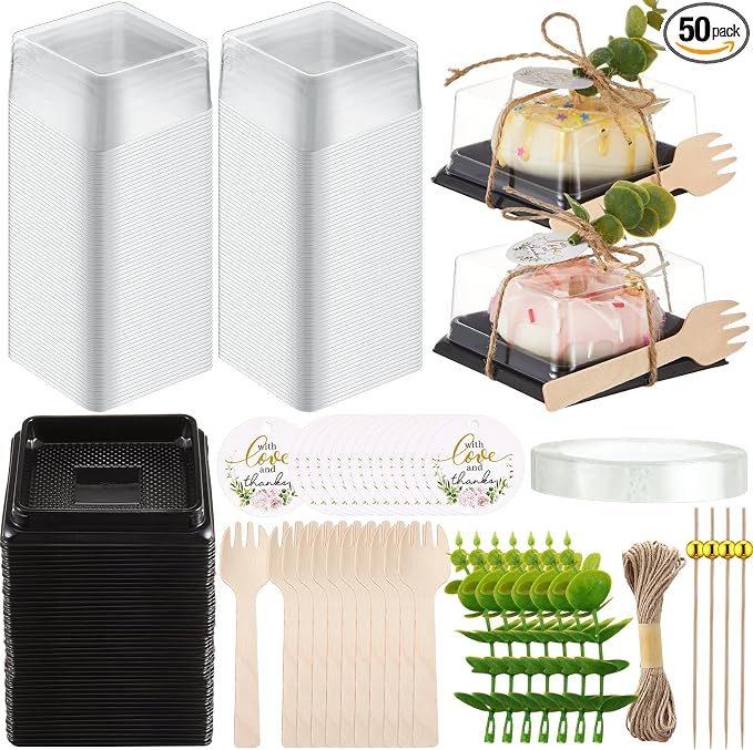 Honeydak Clear Cake Containers Mooncake Boxes with Lids, Wedding Dessert Cupcake Box with Forks, Thank You Tags Eucalyptus Leaves, Mini Cake Packaging for Wedding Favors Birthday Party(Black,50 Sets)