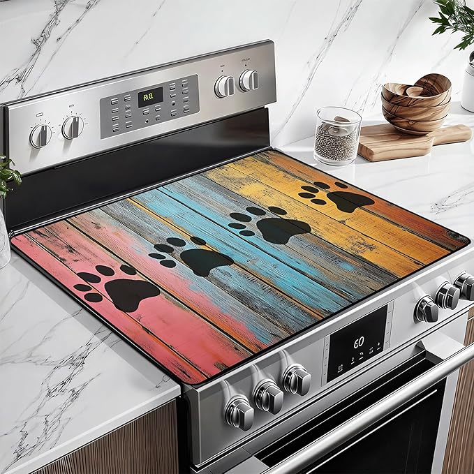 Heat-Resistant Glass Stove Top Cover with Anti-Slip Rubber Coating – Electric Stove Protector, Scratch-Resistant, Expands Counter Space, Stylish Kitchen Decor (Dog Paw Print)