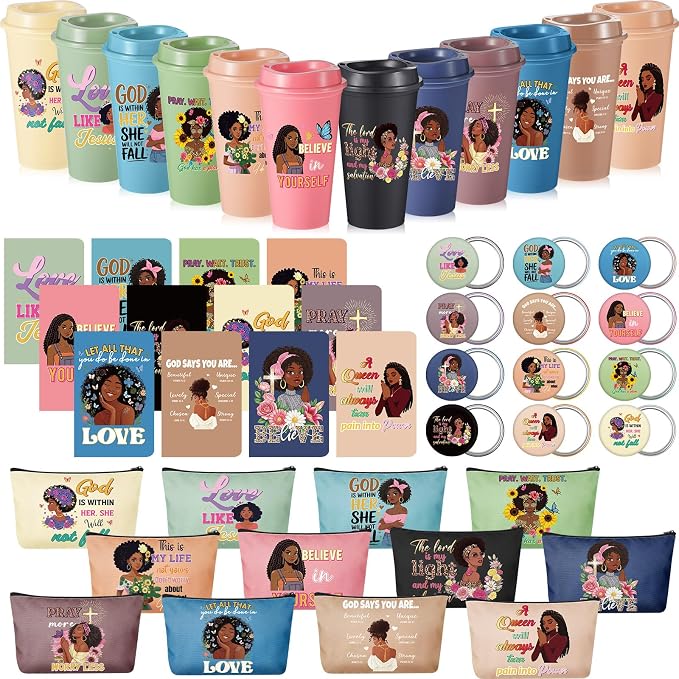 Hollowfly 12set/48pcs African Americans Black Women Christian Gifts Set Include 16oz Coffee Cup with Lid, Makeup Bags, Mirrors, Notepad, Black Owned Inspirational Gift for Women(Morandi)