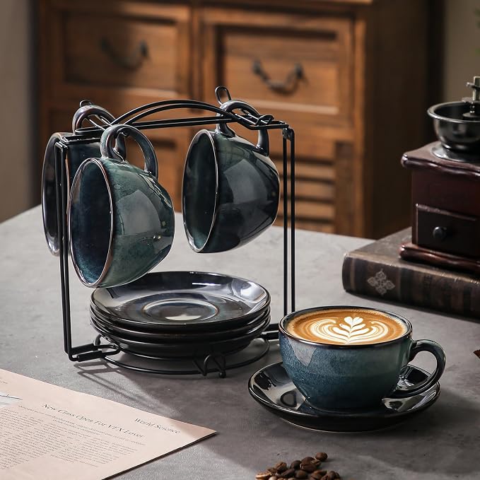 4 Sets of 8 oz Green Reactive Glaze Coffee Cups with Saucers, Ceramic Espresso Cups Set with Black Metal Stand – Unique Variegated Finish Stoneware Demitasse for Latte, Cappuccino or Gift