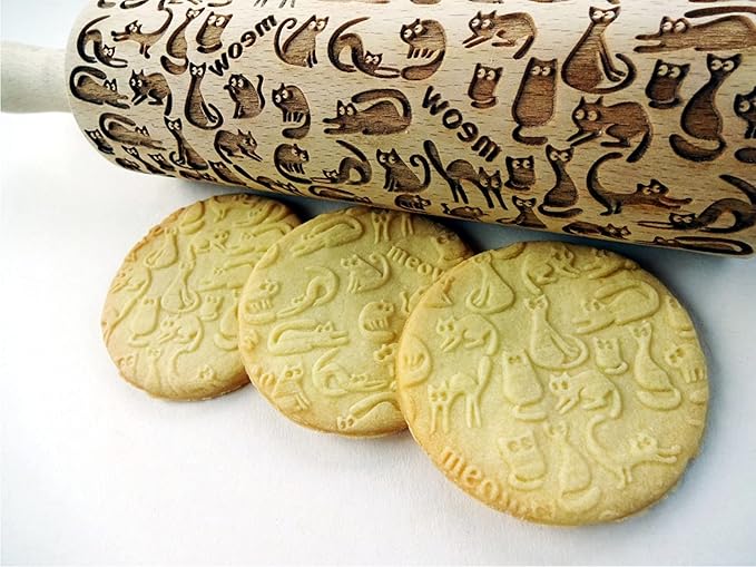 MEOW CATS EMBOSSING ROLLING PIN WOODEN HANDMADE ROLLING PIN with CATS GIFT FOR CAT LOVERS
