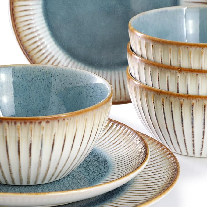 Elama 16 Piece Stonewre Dinnerware/Tableware Set, Service for 4, Textured Design, Color Rim Place Settings (Louann)