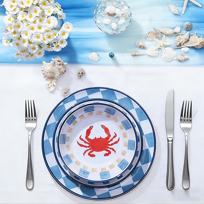 Webbylee Gingham Crab Pattern Melamine Dinnerware Sets 12 Pcs, Unbreakable Plates and Bowls Sets, Ocean Dinner Plates, Dishwasher Safe, Picnic, Camping,Gift,Blue Dish Set