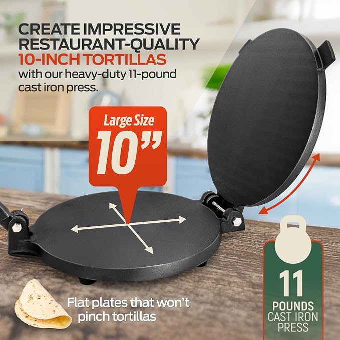 SIRCLES Tortilla Press 10 Inch Cast Iron - Extra Large, Heavy Duty 10 Inch Tortilla Press - Ebook 50 recipes - 5 Non-Slip Rubber Feet - Pre-Seasoned - Prensa Para Tortillas (Large 10 inch)
