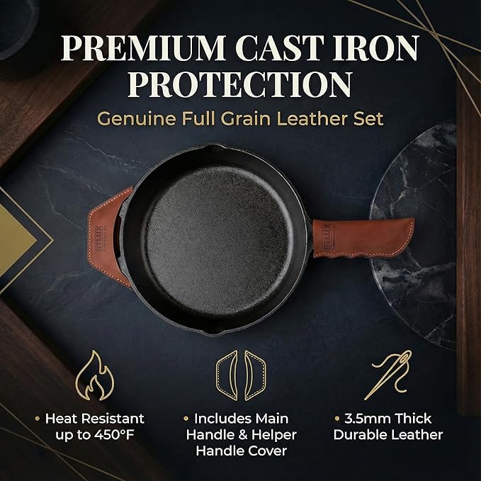 Proudly Made in Georgia from Full Grain Leather - Leather Cast Iron Handle Cover, Set of 2 - Heat Resistant Cast Iron Handle Sleeve for Skillets - Pot Holder for Hot Frying Pans, Pots