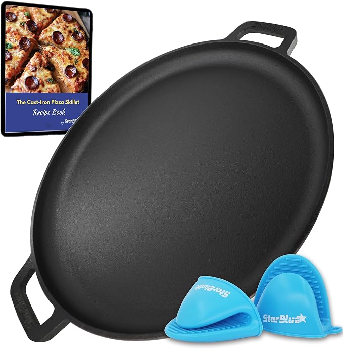 16 Inch Cast Iron Pizza Pan Round Griddle by StarBlue with FREE Silicone Handles and 30 Recipes Ebook– Pre-Seasoned Comal, Kitchen Essentials for Pizza Lovers, Baking, Grill, BBQ, Stove Oven Safe