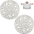 Sumnacon 2Pcs Round Cast Iron Trivets - 6.7 Inch Heat Resistant Iron Trivets for Hot Dish Pot Pan Plate Teapot, Rustic Cast Iron Hot Dish Plate Holder for Kitchen Dining Table Countertop Cooktop,White