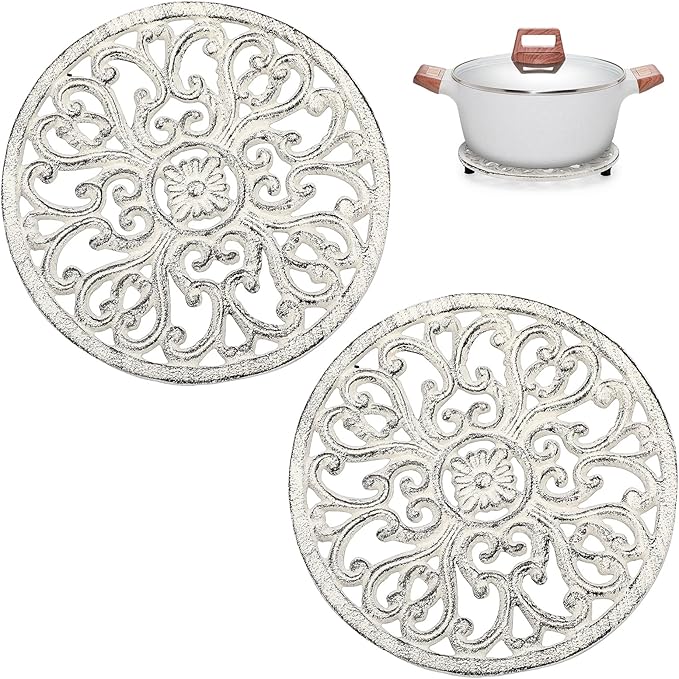 Sumnacon 2Pcs Round Cast Iron Trivets - 6.7 Inch Heat Resistant Iron Trivets for Hot Dish Pot Pan Plate Teapot, Rustic Cast Iron Hot Dish Plate Holder for Kitchen Dining Table Countertop Cooktop,White