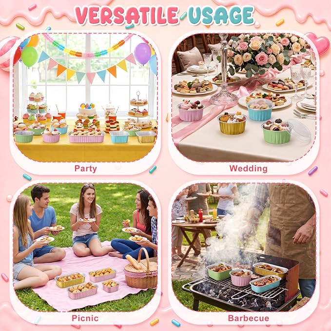 Blushtier 120 Set/240 Pcs Mini Loaf Pans with Lids and Spoons Disposable Mini Cake Pans, 6.8, 5, 4.2 oz Square Rectangle Round Aluminum Foil Cupcake Baking Cups Dessert Liners Tins for Desserts