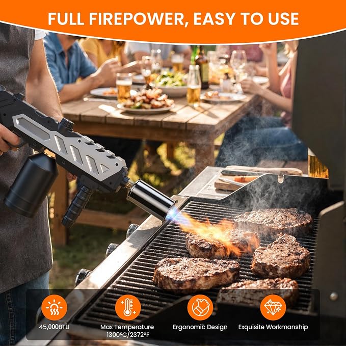 Propane Torch Gun, Detachable & Adjustable Flame Thrower Gun, 1800℃ Heavy Duty Blow Torch for BBQ, Searing Steak, Campfire Starter, Ice Melting and Soldering, Sliver (Tank Not Included)