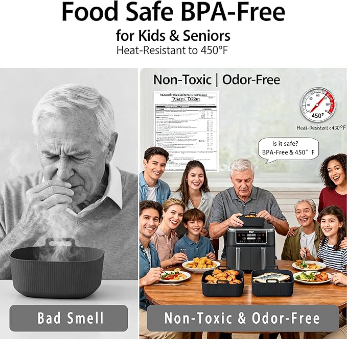 Silicone Air Fryer Liners for Ninja - Reusable DZ201 8QT Dual Basket - Rectangular 2-Pack Vacuum-Packed Easy-Clean Dishwasher-Safe Food-Safe for Home Chefs - Housewarming Gifts