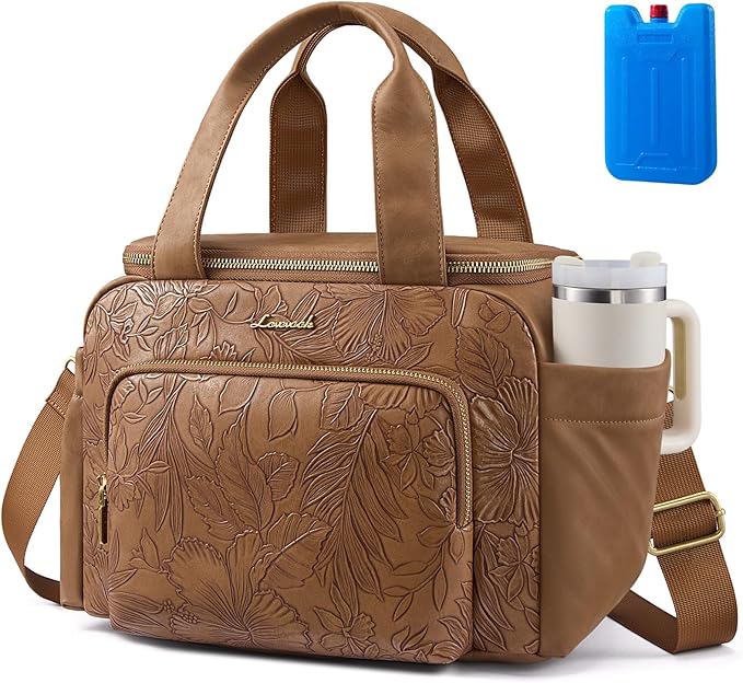 LOVEVOOK Insulated Lunch Bag for Women, PU leather Lunch Box with Shoulder Strap, Wide Opening Adult Large Lunch bags for Work Picnic Beach Family Camping Outdoor Teacher